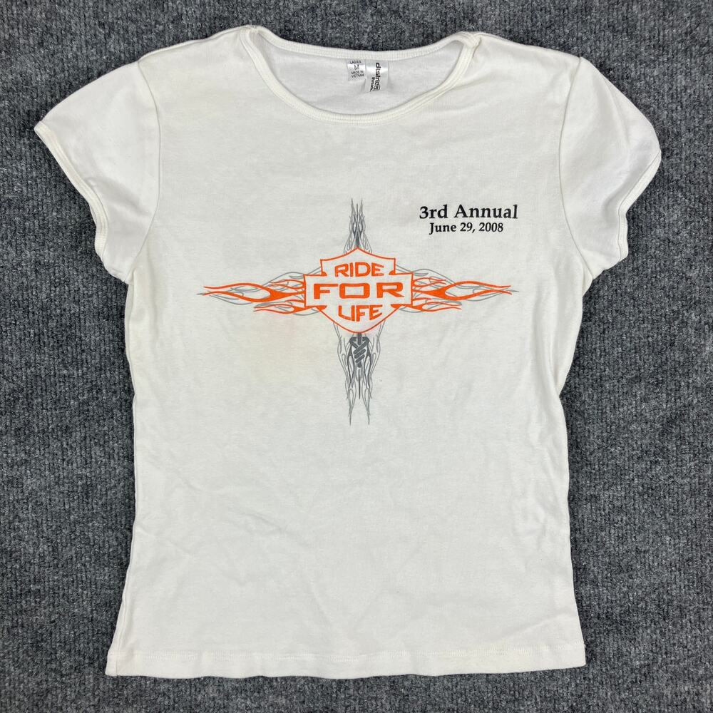 District Threads T-Shirt Womens M White Ride for Life 2008 Biker Graphic